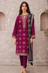 JAZMIN - 3PC DHANAK EMBROIDERED SHIRT WITH TWILL PRINTED SHAWL AND TROUSER - HZG2406